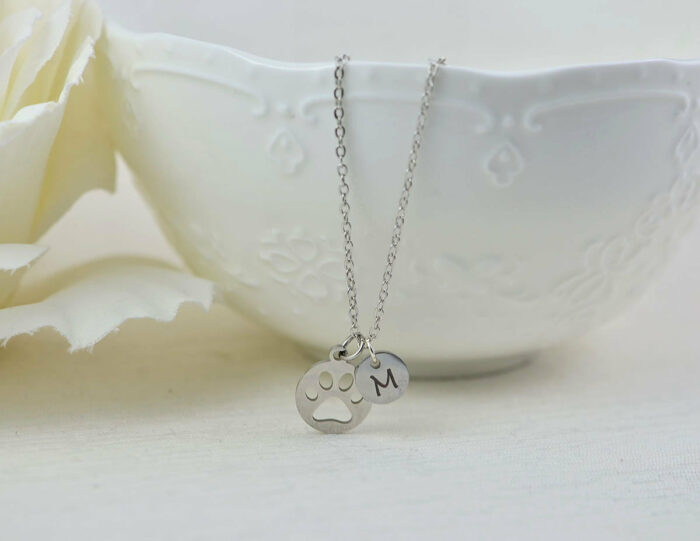 Personalised Silver Paw Name Necklace, Initials Dainty Dog Paw Charm Necklace Jewellery, Bridesmaids Engraved Initial Name Drop Necklace