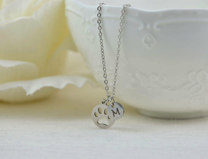 Personalised Silver Paw Name Necklace, Initials Dainty Dog Paw Charm Necklace Jewellery, Bridesmaids Engraved Initial Name Drop Necklace