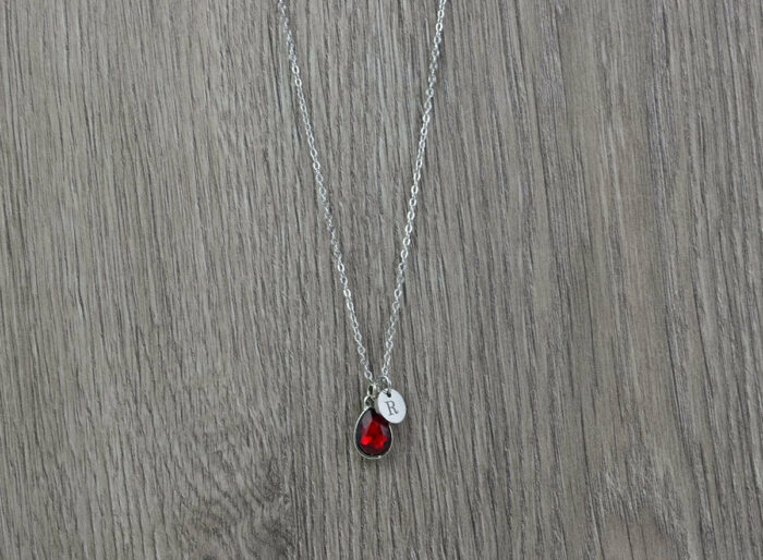 Personalised Silver Ruby Crystal Necklace, Dainty Initials Everyday Charm Necklace, Bridesmaids Wedding Engraved Silver Drop Necklace