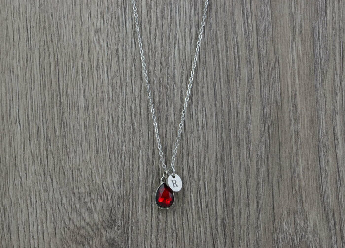 Personalised Silver Ruby Crystal Necklace, Dainty Initials Everyday Charm Necklace, Bridesmaids Wedding Engraved Silver Drop Necklace