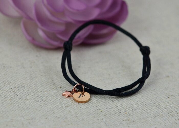 Personalised Star Black Bracelet, Engraved Initials Black Thread Rosegold Adjustable Bracelet, Birthday Bridesmaids Gift Wedding Jewellery