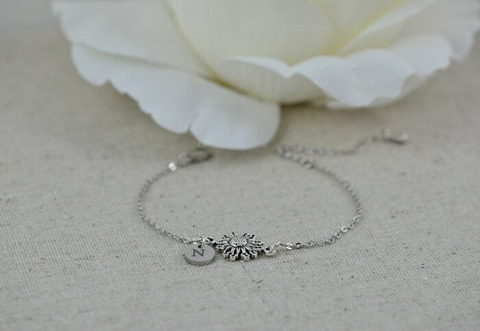 Personalised Sunflower Initials Bracelet, Engraved Custom Jewellery, Dainty Charm Initial Bracelet, Letter Personalised Bridesmaids Bracelet