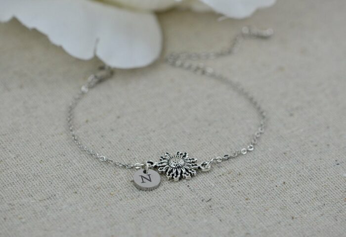 Personalised Sunflower Initials Bracelet, Engraved Custom Jewellery, Dainty Charm Initial Bracelet, Letter Personalised Bridesmaids Bracelet