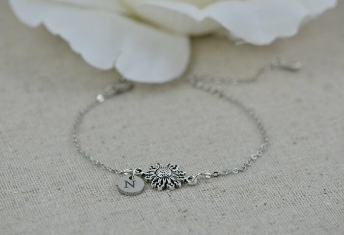 Personalised Sunflower Initials Bracelet, Engraved Custom Jewellery, Dainty Charm Initial Bracelet, Letter Personalised Bridesmaids Bracelet