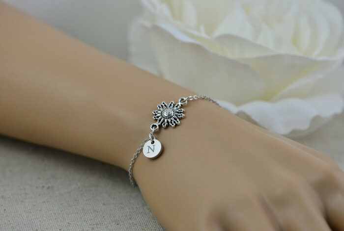 Personalised Sunflower Initials Bracelet, Engraved Custom Jewellery, Dainty Charm Initial Bracelet, Letter Personalised Bridesmaids Bracelet