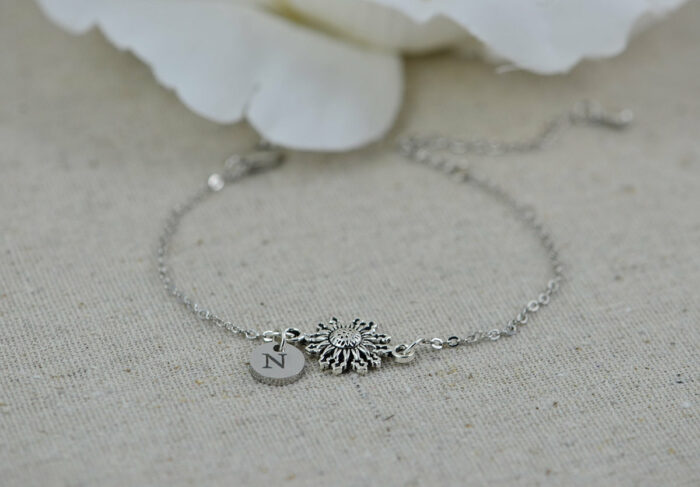 Personalised Sunflower Initials Bracelet, Engraved Custom Jewellery, Dainty Charm Initial Bracelet, Letter Personalised Bridesmaids Bracelet