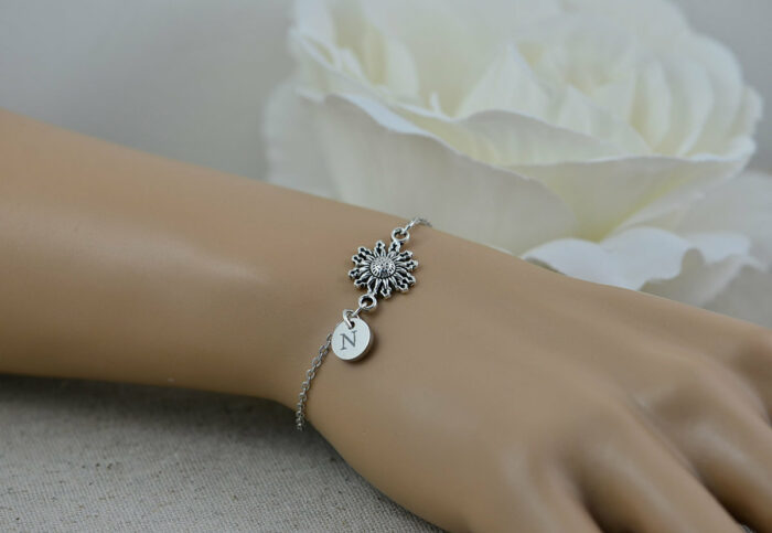 Personalised Sunflower Initials Bracelet, Engraved Custom Jewellery, Dainty Charm Initial Bracelet, Letter Personalised Bridesmaids Bracelet