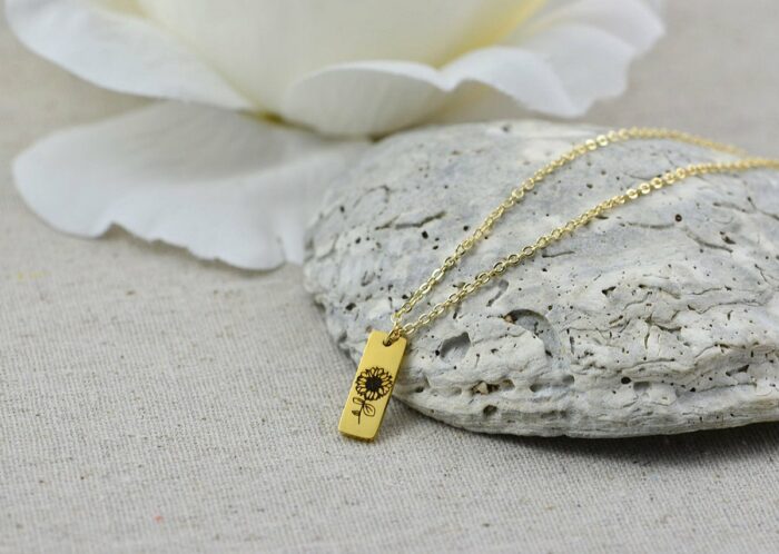 Personalised Sunflower Necklace, Engraved Flower Custom Necklace, Minimalist Dainty Flower Charm Necklace, Bridesmaids Gift Women Jewellery