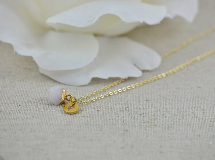 Pink Gemstone Initials Necklace, Personalised Dainty Jade Gemstone Charm Necklace, Bridesmaids Wedding Name Engraved Gold Drop Necklace