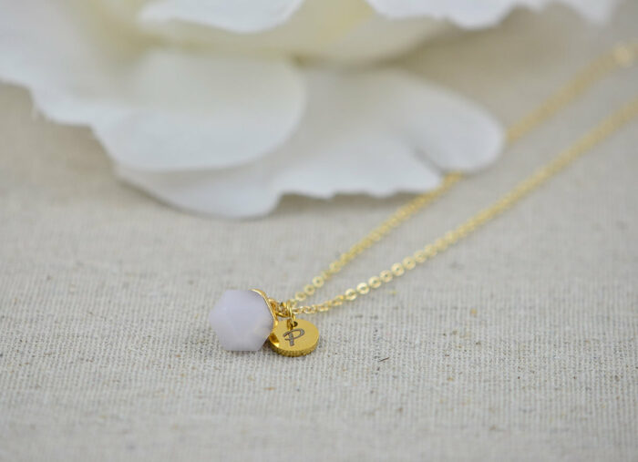 Pink Gemstone Initials Necklace, Personalised Dainty Jade Gemstone Charm Necklace, Bridesmaids Wedding Name Engraved Gold Drop Necklace