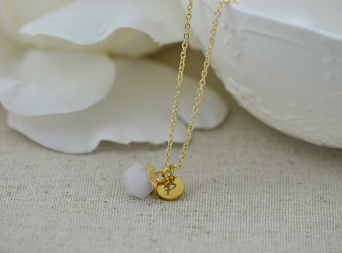 Pink Gemstone Initials Necklace, Personalised Dainty Jade Gemstone Charm Necklace, Bridesmaids Wedding Name Engraved Gold Drop Necklace