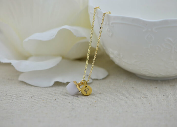 Pink Gemstone Initials Necklace, Personalised Dainty Jade Gemstone Charm Necklace, Bridesmaids Wedding Name Engraved Gold Drop Necklace