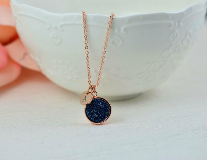 Rose Gold Druzy Personalised Necklace, Sapphire Gemstone Name Necklace, Engraved Initial Rose Gold Druzy Goldstone Bridesmaids Necklace