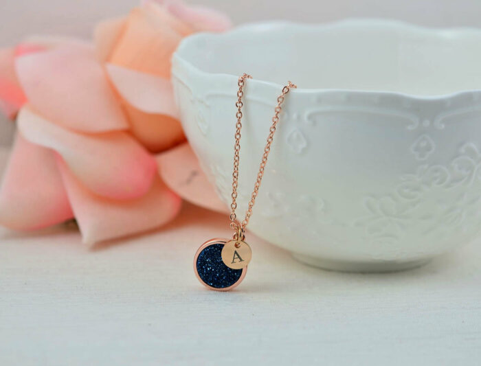 Rose Gold Druzy Personalised Necklace, Sapphire Gemstone Name Necklace, Engraved Initial Rose Gold Druzy Goldstone Bridesmaids Necklace