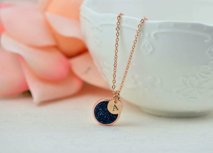 Rose Gold Druzy Personalised Necklace, Sapphire Gemstone Name Necklace, Engraved Initial Rose Gold Druzy Goldstone Bridesmaids Necklace