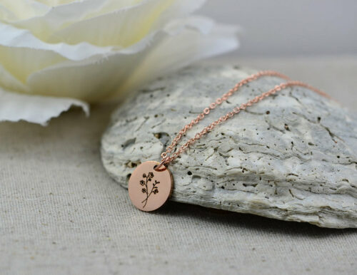 Rosegold Engraved Flower Necklace, Personalised Name Charm Necklace, Flower Custom Round Necklace, Minimalist Dainty Family Necklace Jewelry