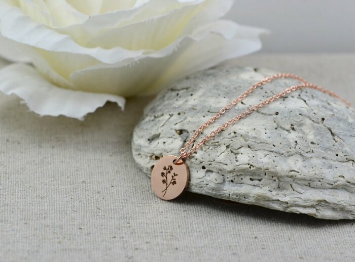 Rosegold Engraved Flower Necklace, Personalised Name Charm Necklace, Flower Custom Round Necklace, Minimalist Dainty Family Necklace Jewelry