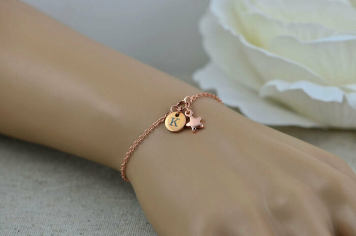 Rosegold Initials Engraved Star Bracelet, Dainty Personalised Rosegold Bridesmaids Stainless Steel Bracelet, Adjustable Wedding Jewellery