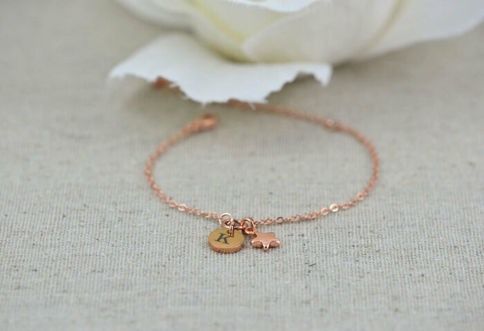 Rosegold Initials Engraved Star Bracelet, Dainty Personalised Rosegold Bridesmaids Stainless Steel Bracelet, Adjustable Wedding Jewellery