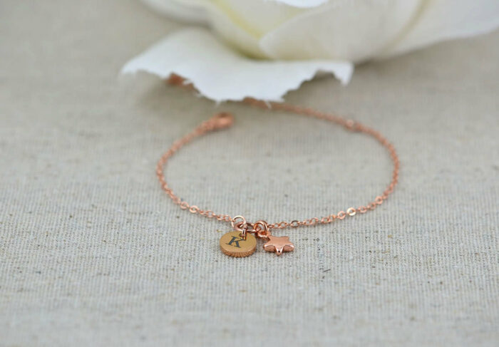 Rosegold Initials Engraved Star Bracelet, Dainty Personalised Rosegold Bridesmaids Stainless Steel Bracelet, Adjustable Wedding Jewellery