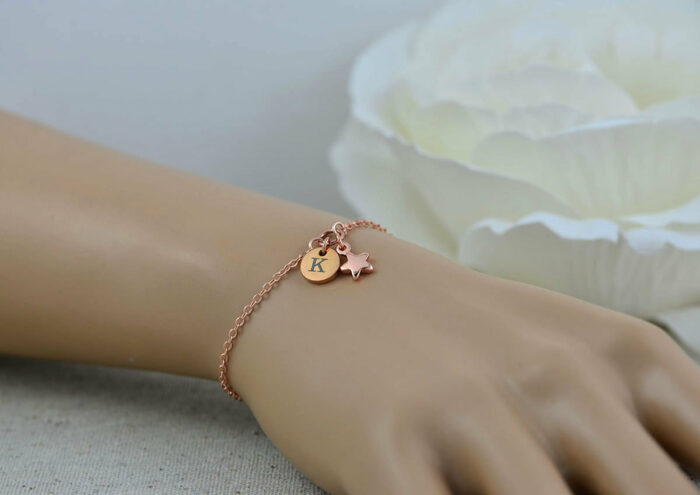 Rosegold Initials Engraved Star Bracelet, Dainty Personalised Rosegold Bridesmaids Stainless Steel Bracelet, Adjustable Wedding Jewellery