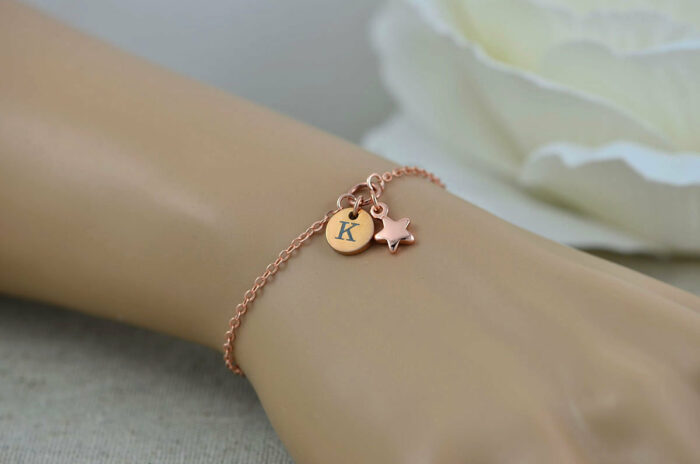 Rosegold Initials Engraved Star Bracelet, Dainty Personalised Rosegold Bridesmaids Stainless Steel Bracelet, Adjustable Wedding Jewellery