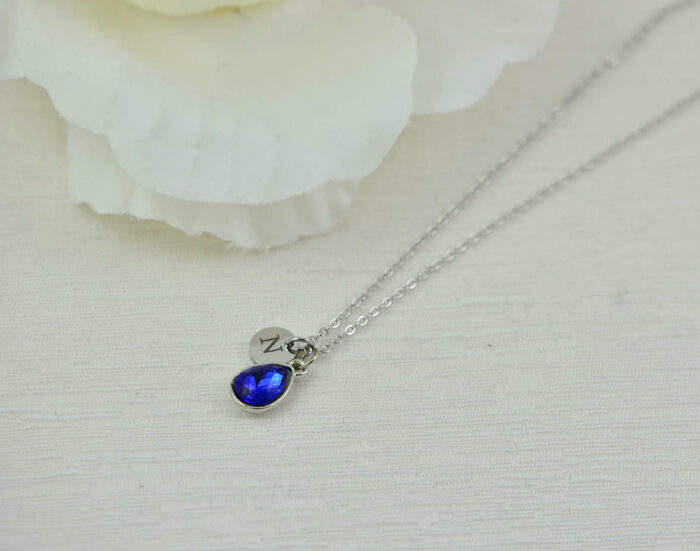 Sapphire Crystal Initials Necklace, Personalised Silver Everyday Charm Drop Necklace, Bridesmaids Wedding Engraved Blue Silver Necklace