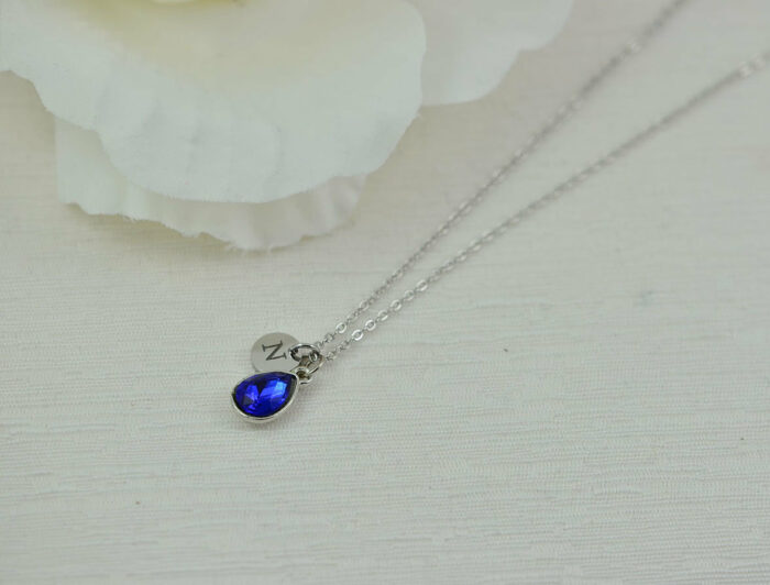Sapphire Crystal Initials Necklace, Personalised Silver Everyday Charm Drop Necklace, Bridesmaids Wedding Engraved Blue Silver Necklace