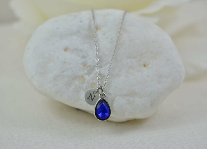 Sapphire Crystal Initials Necklace, Personalised Silver Everyday Charm Drop Necklace, Bridesmaids Wedding Engraved Blue Silver Necklace