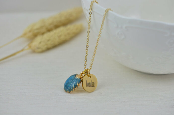 Seashell Personalised Turquoise Necklace, Gold Custom Engraved Everyday Name Charm Necklace, Bridesmaids Wedding Initials Gold Drop Necklace