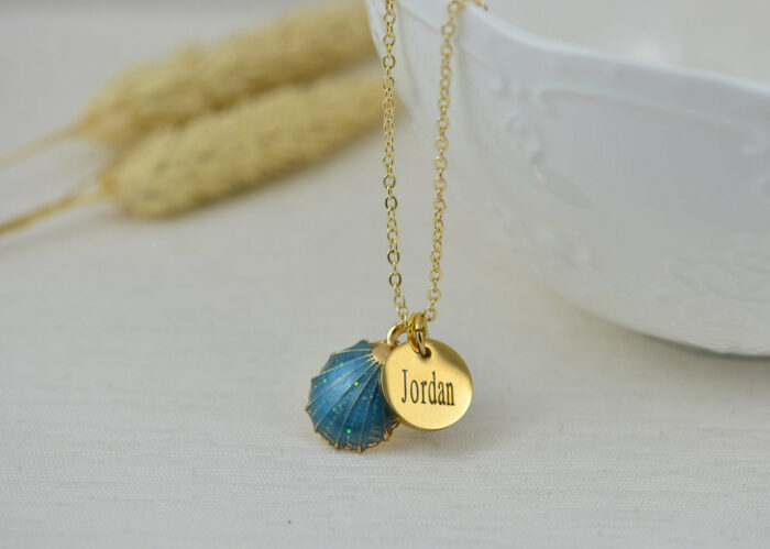 Seashell Personalised Turquoise Necklace, Gold Custom Engraved Everyday Name Charm Necklace, Bridesmaids Wedding Initials Gold Drop Necklace