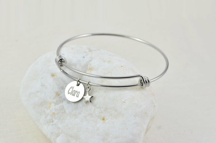 Silver Engraved Charm Bangle Bracelet, Silver Star Personalised Bridesmaids Stainless Steel Bracelet, Adjustable Charm Bangle Jewellery