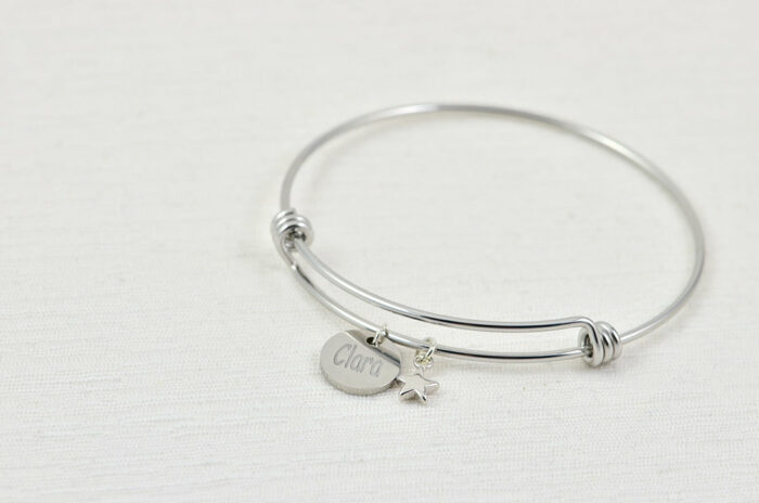 Silver Engraved Charm Bangle Bracelet, Silver Star Personalised Bridesmaids Stainless Steel Bracelet, Adjustable Charm Bangle Jewellery