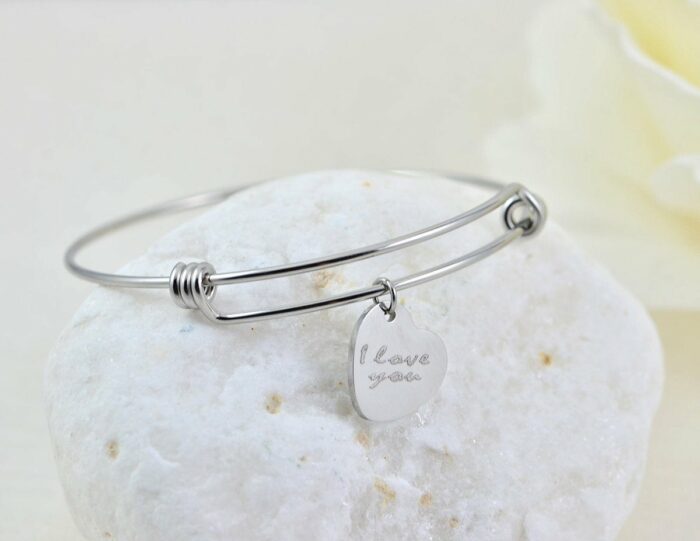 Silver Heart Bangle Engraved Bracelet