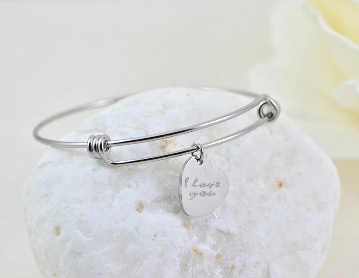 Silver Heart Bangle Engraved Bracelet