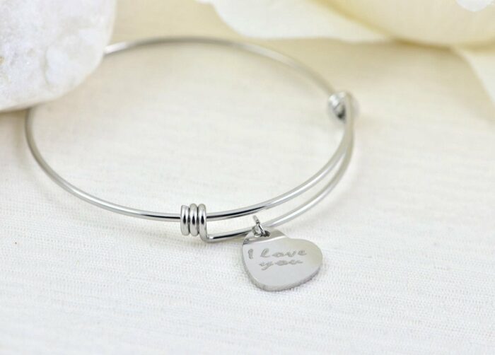 Silver Heart Bangle Engraved Bracelet