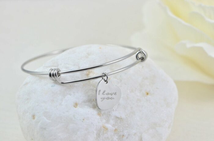 Silver Heart Bangle Engraved Bracelet