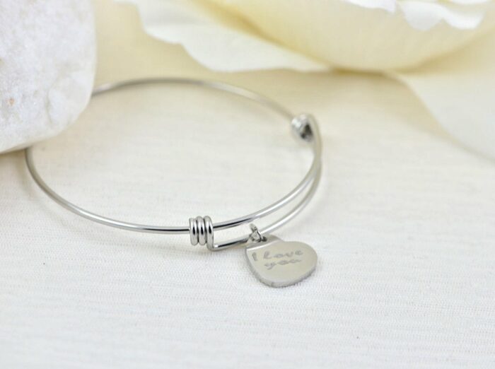 Silver Heart Bangle Engraved Bracelet