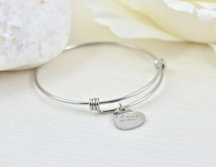 Silver Heart Bangle Engraved Bracelet