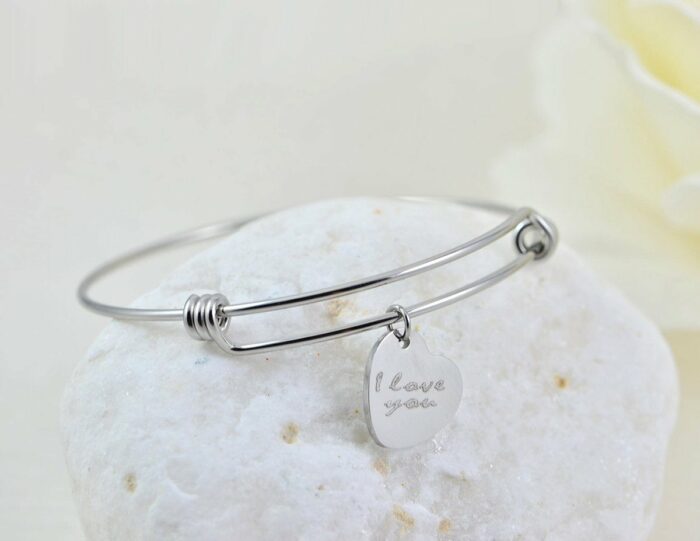 Silver Heart Bangle Engraved Bracelet