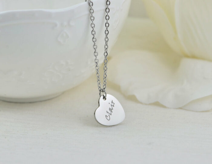 Silver Heart Personalised Name Necklace, Engraved Heart Necklace, Name Personalised Charm Stainless Steel Necklace, Customised Jewellery