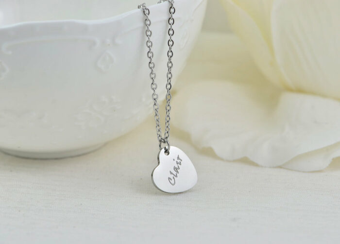 Silver Heart Personalised Name Necklace, Engraved Heart Necklace, Name Personalised Charm Stainless Steel Necklace, Customised Jewellery