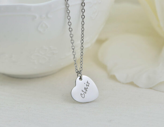 Silver Heart Personalised Name Necklace, Engraved Heart Necklace, Name Personalised Charm Stainless Steel Necklace, Customised Jewellery