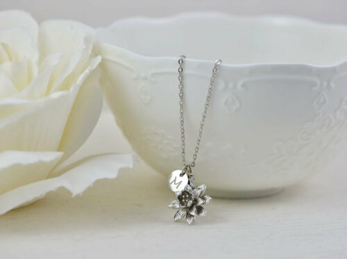 Silver Initials Engraved Floral Necklace
