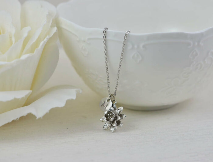 Silver Initials Engraved Floral Necklace, Personalised Charm Engraved Necklace Jewellery, Bridesmaids Wedding Initial Silver Necklace