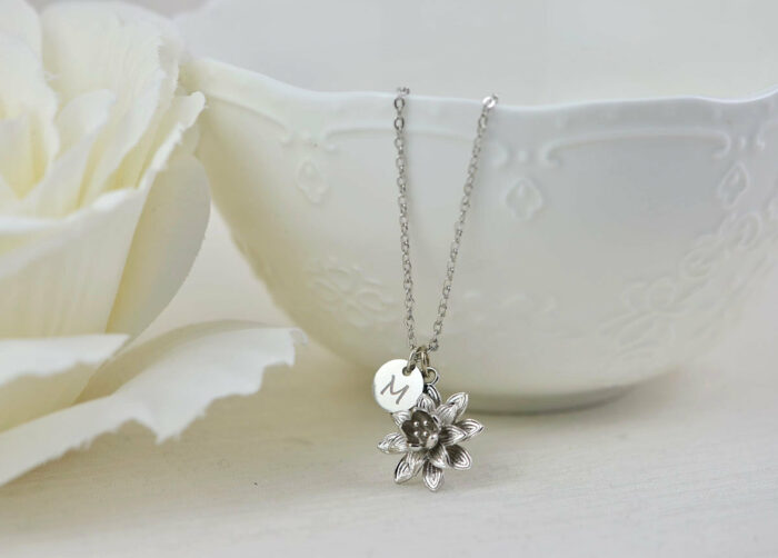 Silver Initials Engraved Floral Necklace, Personalised Charm Engraved Necklace Jewellery, Bridesmaids Wedding Initial Silver Necklace