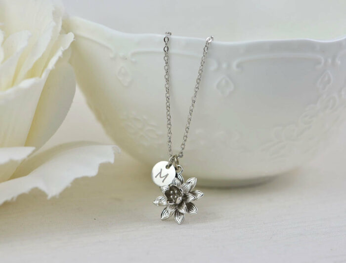 Silver Initials Engraved Floral Necklace, Personalised Charm Engraved Necklace Jewellery, Bridesmaids Wedding Initial Silver Necklace