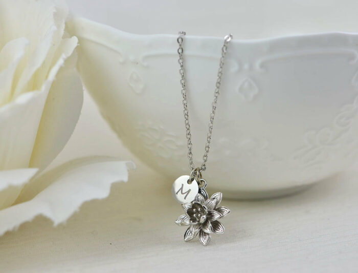 Silver Initials Engraved Floral Necklace, Personalised Charm Engraved Necklace Jewellery, Bridesmaids Wedding Initial Silver Necklace