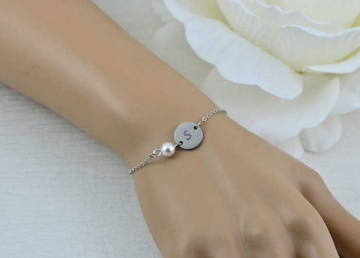 Silver Swarovski Pearl Initial Bracelet