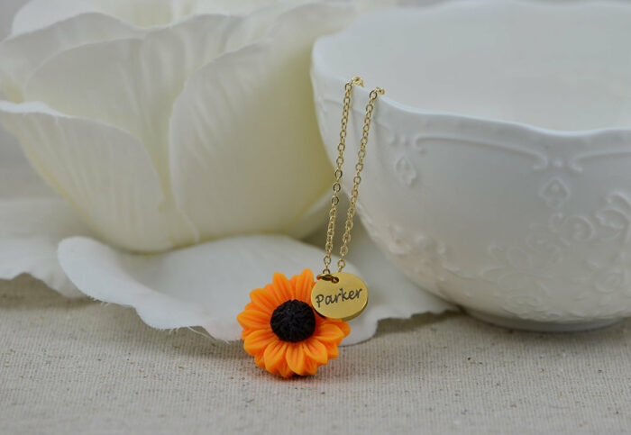 Sunflower personalised Name Necklace, Engraved Charm Necklace, Bridesmaids Wedding Engraved Initial Necklace, Sunflower Pendant Jewellery